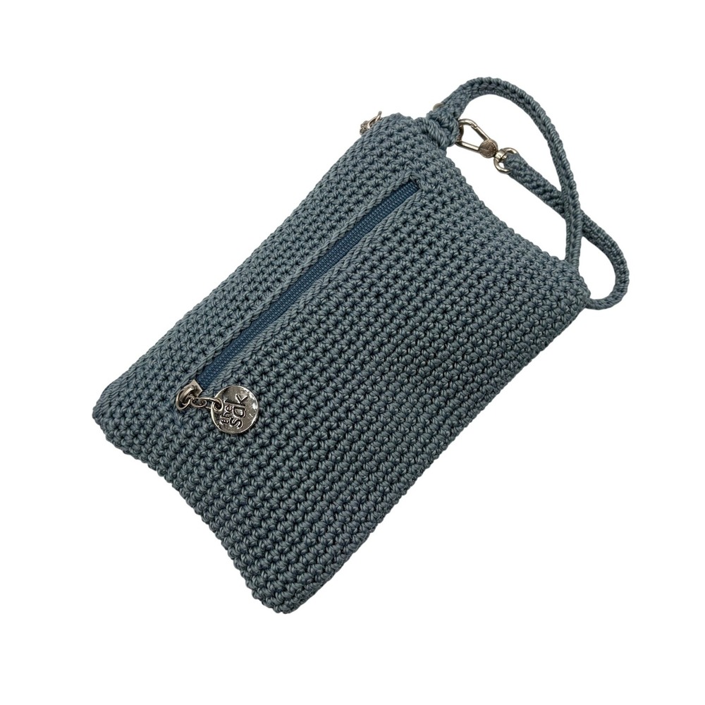 The Sak Crochet Wristlet Clutch Womens Large Blue Excellent Zip Pouch BoHo - Picture 6 of 7